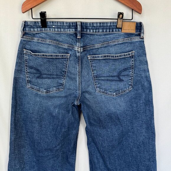 AE Stretch Low-Rise Baggy Wide-Leg Raw Hem Med Blue Denim Jeans Size 12 Long - Picture 6 of 15